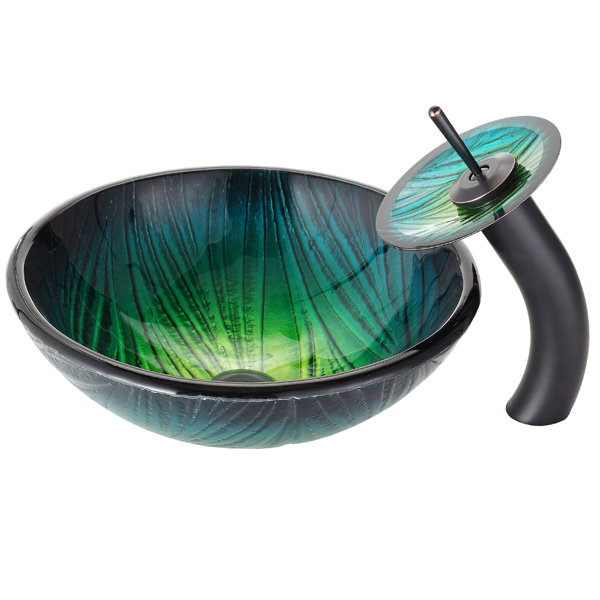 MUSUMI Bathroom Vessel Sink, Green Clear Light Tempered Glass Vessel Sink With - View #2